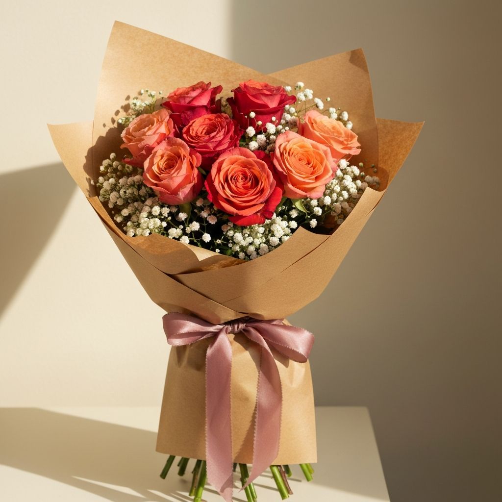 Rosas Románticas — Rojos profundos envueltos en kraft con cinta de seda.