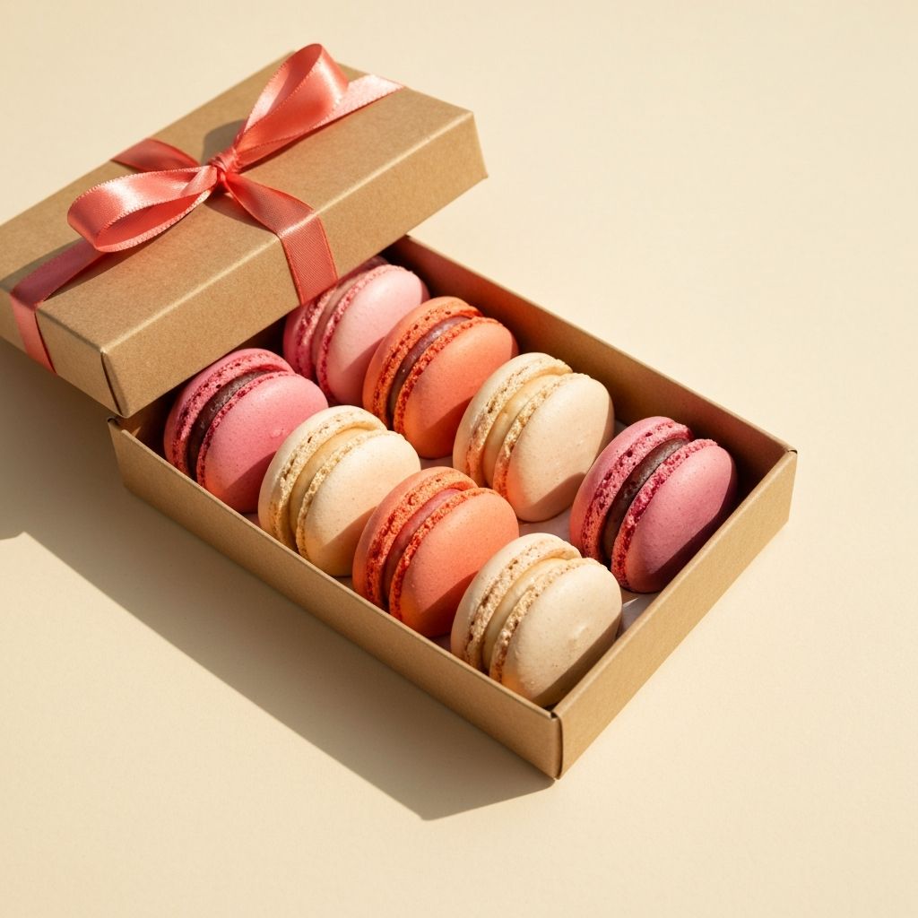 Macaron Gift Box — A dozen pastel macarons in a kraft gift box.