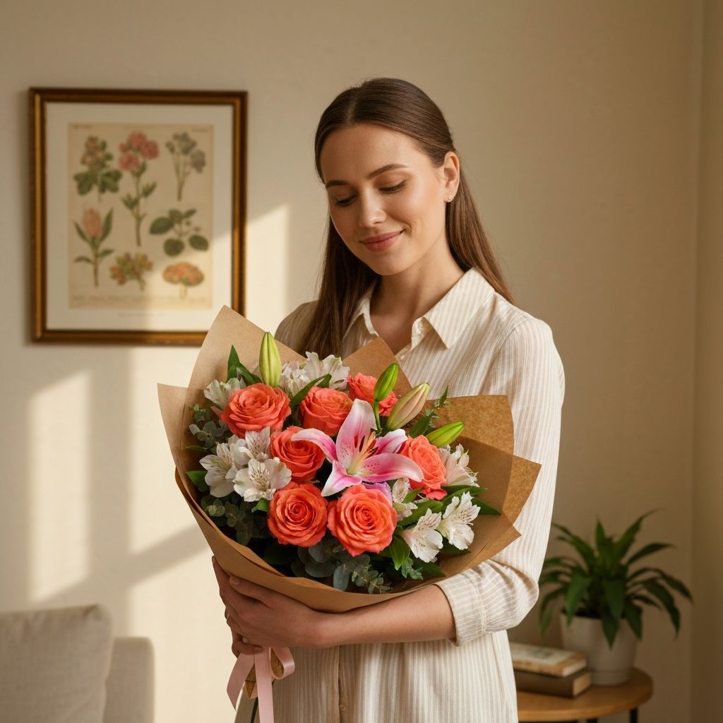 A woman smiling as she receives a fresh bouquet delivered in Argentina.