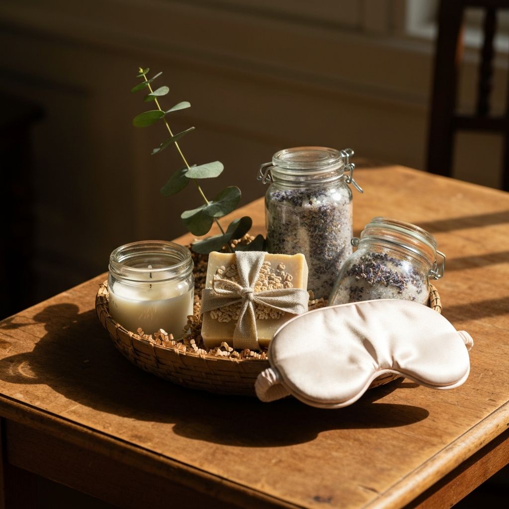 Canasta de Self-care — Vela, jabón, eucalipto y antifaz de seda.