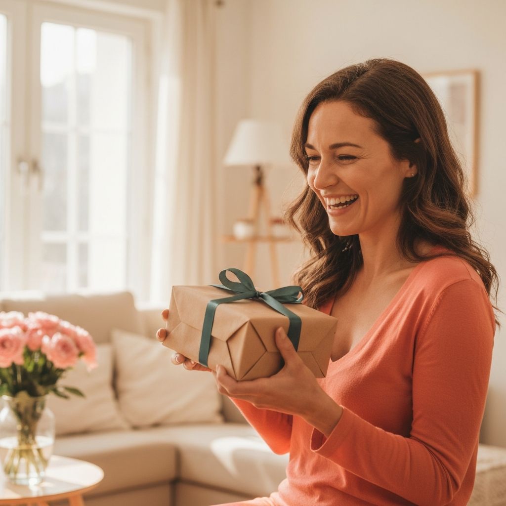 A woman smiling as she receives a thoughtful gift package at home.